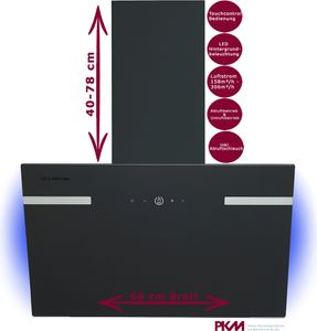 PKM Dunstabzugshaube 60cm Schwarz Glasschirm LED Hintergrundbeleuchtung Abluft
