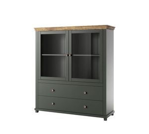 Furniture24 Vitrine Evora 46 mit 2 Türen und 2 Schubkästen, Grün, Landhaus möbel, Wohnzimmerschrank, Highboard, Vitrinenschrank ohne Beleuchtung