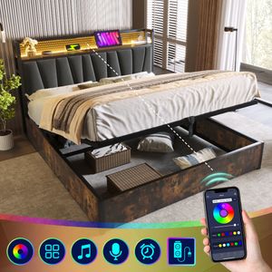 Úložná posteľ Flieks 140x200cm s USB a zásuvkami, kovová posteľ pre mladých Manželská posteľ s lamelovým roštom a úložným priestorom, čalúnená posteľ s LED, posteľná bielizeň, sivá