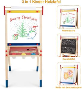 COSTWAY 3 in 1 Kinder Staffelei, Kindertafel, Whiteboard & Kreidetafel & Zeichenpapier, Standtafel, Spieltafel, Holztafel, höhenverstellbar, inkl. Zubehör