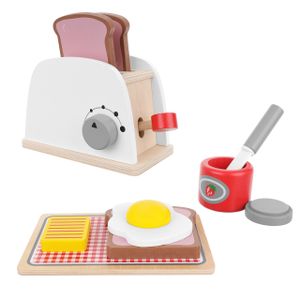 Realistischer Spielzeugtoaster mit Hebel + Frühstückszubehör Toastscheiben Spiegelei Marmelade Käse Messer Servierplatte für Kleinkinder Set 8 Teile aus Holz 22435