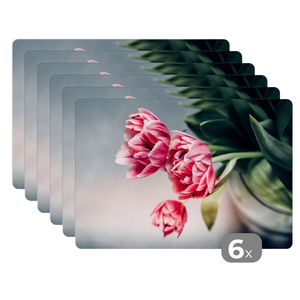 MuchoWow® Podložky Sada 6 podložiek Umývateľné podložky 30x45x0.3cm Kvety - Tulipány - Ružová Podložka pod stôl Nekĺzavá a odolná voči teplu