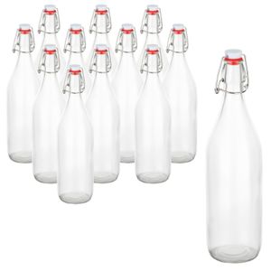 gouveo 12er Set Glasflaschen 1000 ml rund mit Bügelverschluss - Bügelflasche 1 Liter zum Befüllen - Bügelverschlussflasche für Wasser, Limonade, Saft und Spirituosen