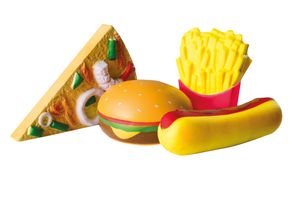 roba Squishies 4er-Set „Fast Food“, Pizza, Hot Dog, Pommes, Burger, Antistress Spielzeug, Kaufladen- und Küchenzubehör
