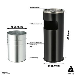 Standascher mit Mülleimer H60cm 30l Metall Fassungsvermögen Säulenform Abfalleimer Standaschenbecher Aschenbecher