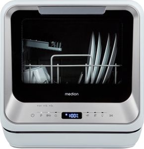 MEDION Mini Geschirrspüler DWT20 (Tischgeschirrspüler, Spülmaschine, 2 Maßgedecke, funktioniert mit/ohne Wasseranschluss, 6 Reinigungsprogramme, Babyflaschen, Startzeitvorwahl, freistehend) silber