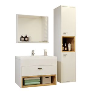 MIRJAN24 Badmöbel-Set Olier I, Badezimmer-Set mit Spiegel und Waschbecken (Farbe: Weiß / Artisan Eiche, mit Siphon)