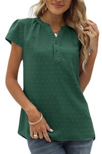 ASKSA Damen Swiss Dot Bluse Kurzarm Sommer Elegant T-Shirt V-Ausschnitt Tunika Einfarbig Chiffon Hemd, Grün, M
