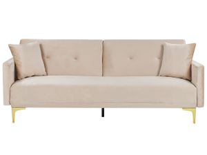 BELIANI 3-Sitzer Schlafsofa Beige Samtbezug Gesteppt mit Goldenen Metallbeinen 2 Kissen Retro Klappsofa Wohnzimmer Sofa mit Schlaffunktion