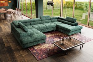 MargaretHadas24 Ecksofa U Form Palermo mit Schlaffunktion, Bettzeugablage 345x202cm Big Sofa Couch, Verstellbare Kopfstützen Sofa XXL, 5 Sitzer, grün