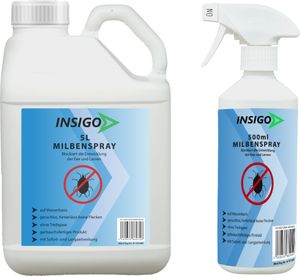 INSIGO 5L + 500ml Anti-Milbenspray, Mittel gegen Milben Milbenbefall Milbenfrei Schutz gegen Eier auf Wasserbasis, fleckenfrei, geruchlos, mit Schnell- & Langzeitwirkung frei EX