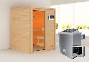 Woodfeeling Sauna Sandra (Fronteinstieg), Ganzglastür, bronziert, Ofen 9 kW externe Steuerung easy
