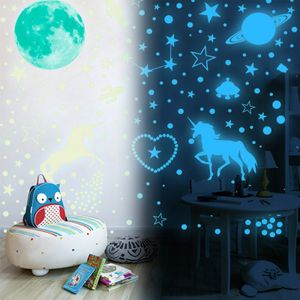 898 Leuchtsterne Leuchtendes Einhorn Wandtattoo selbstklebend Kinderzimmer, Sternenhimmel Aufkleber mit Mondsticker, Rückstandslos zu entfernende Leuchtsticker, blaues Licht