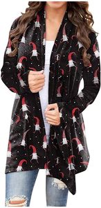 ASKSA Damen Weihnachten Print Strickjacke Open Front Mantel Langarm Jacken Christmas Coat, A-schwarz, L