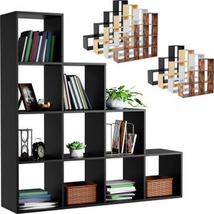 MIADOMODO® Treppenregal - Schwarz, 10 Fächer, 129,5x29x129,5 cm, für Wohnzimmer, Stabil, Offen, Freistehend, Indoor, aus MDF-Platte - Stufenregal