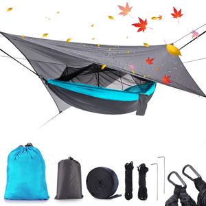 Topchances Camping Hammock s moskytiérou a plachtou, cestovní plachta pro outdoor, turistiku, treking (šedá + světle modrá)