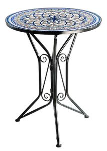 Kobolo Gartentisch mit Platte Höhe 68 cm Durchmesser 55 cm - Mediterran in Mosaikoptik rund Metall klappbar Gartenmöbel Terrassentisch Balkonmöbel