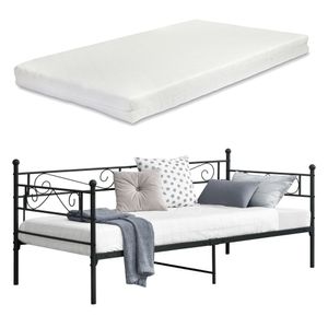 Metallbett Kerava 90x200 cm mit Kaltschaummatratze Tagesbett mit Kopf- und Fußteil Bettsofa Kojenbett Jugendbett Gästebett Schwarz [en.casa]