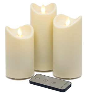 LED-Kunstharzkerzen, 3er Set mit FB, Weiß, Höhe: 13cm + 15cm + 18cm, IP44 Outdoor Kerze