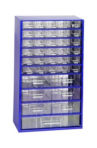 MARS Kleinteilemagazin mit 37 Schubfächern: 30x Klein, 6x Mittel, 1x Groß Metallgehäuse | HxBxT 55,1x30,6x15,5cm | Blau