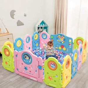 COSTWAY 14 Paneele Laufgitter, Baby Laufstall mit Tür und Spielzeugboard, Absperrgitter mit Sicherheitsschloss, Krabbelgitter Spielzaun für Kinder 6 Monate-6 Jahre alt