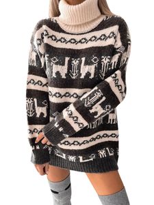 MORYDAL Rollkragenpullover Damen Schneeflocken gedruckter Sweatshirts regulärer Weihnachts-Mini-StrickKleider, Farbe: Grau, Größe:M