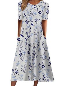 Damen Sommerkleider Lange Freizeitkleid Rundhals Blumenkleid Boho Kurzarm Kleider Lose Weißer blaues Blumen,Größe XL