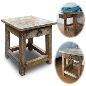 LS-LebenStil Vintage Holz Nachttisch Schublade 30cm ♻️ Recycelt Nachtschrank Fußhocker