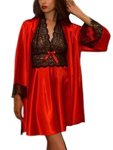 Damen Zwei Stücke Nightwear Mesh Nightwear Nachtwäsche Satin Mode Einfarbig Kleid Farbe:Rot,Größe:S