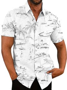 Herren Strand Hemden 3D Digital Kurzarm T-Shirt Hawaii Urlaub Lose Ethnischer Stil Bluse Weiss,Größe Xl