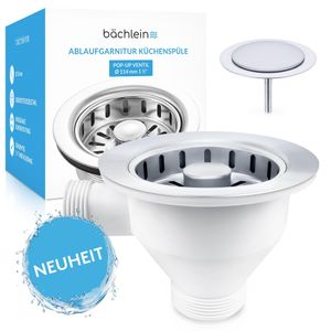 Bächlein Ablaufgarnitur Pop Up mit Überlauf für die Spüle [Ø 114mm], Pop Up jetzt auch für die Küchenspüle, Spülenablauf Edelstahl poliert, Überlaufgarnitur, Ablaufventil, Ablaufstopfen