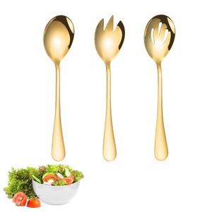 3 Stück Salatbesteck Set,Salatlöffel Gabel Set,Edelstahl Salatgabel und Servierlöffel,Spülmaschinengeeignet Salatzange Set(Gold)