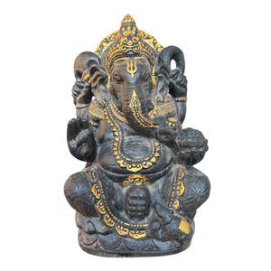 Ganesha Skulptur - Deko Garten Statue - Hindu Gottheit des Glückes - Betonguss Elefant Schwarz Gold - 80x50x41 cm
