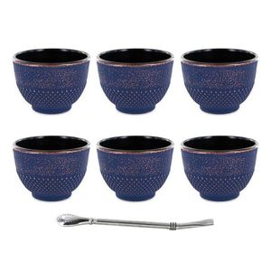6 Tassen aus Gusseisen 15 cl Blau & Bronze + Edelstahlstrohhalm mit Filter