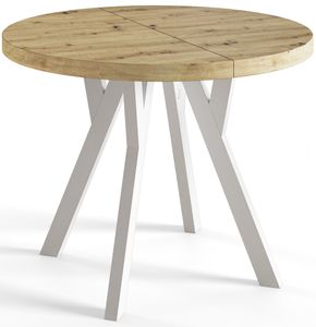 Runder Esszimmertisch OVO, ausziehbarer Tisch Durchmesser: 100 cm bis 200 cm, Wohnzimmertisch Farbe: ARTISAN, mit Holzbeinen in Farbe Weiß