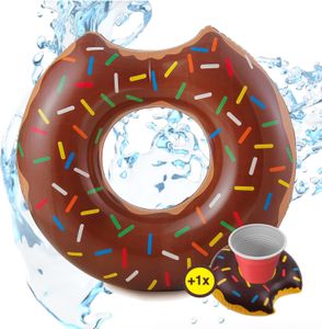 SwimAlot® XXL Aufblasbarer angebissener Donut braun Schwimmring Schwimmreif Luftmatratze für Pool, mit 1x aufblasbaren Getränkehalter für Cocktails, Getränke