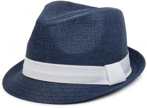 styleBREAKER Trilby Hut, leichter Papierhut mit kontrastfarbigem Zierband, Uni 04025002, Farbe:Dunkelblau / Weiß, Größe:L / XL = 58 cm