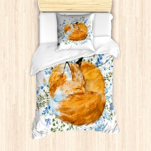 ABAKUHAUS Fuchs Mantele, Sleeping Fox Aquarellen, Milbensicher Allergiker geeignet mit Kissenbezügen, 135 cm x 200 cm - 80 x 80 cm, Orange Blue Olivgrün