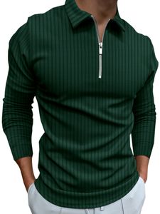 Herren Poloshirts Langarm T-Shirts Golf gestreiftes Shirt ClassicFit Reißverschluss Pullover, Farbe:Grün, Größe:M
