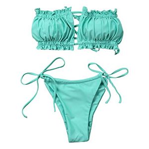 Damen-reizvoller gefalteter Bikini-Frauen-Rüschen-Bügel-hohle Badebekleidungs-reine Farben-Spitze-Push-Up-gepolsterter Badeanzug,Grün,L