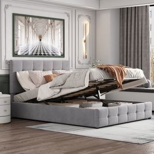 Merax Hydraulická posteľ Boxspring 140x200 cm so zásuvkou a výškovo nastaviteľným čelom, čalúnená posteľ s kovovým lamelovým rámom a úložným priestorom, zamatová manželská posteľ s úložným priestorom Funkčná posteľ, sivá