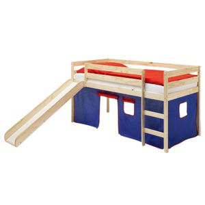 Hochbett mit Rutsche BENNY Kiefer massiv, Spielbett mit Vorhang in blau/rot