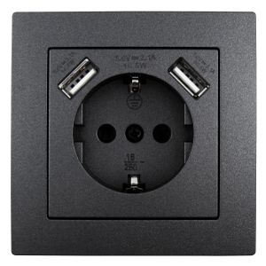 Schutzkontakt-Steckdose mit 2x USB McPower "Flair", 250V, 5V/2,1A, UP, anthrazit, matt