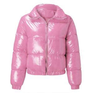 Damen Glänzende Revers Winterjacke Verdicken Warme Baumwolljacke Leichter Pullover,Farbe:Rosa,Größe:L