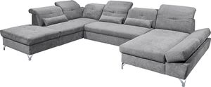 Wohnlandschaft mit verstellbaren Kopfstützen und Schlaffunktion in Mikrovelours dunkelgrau, U-Form mit Bettkasten links, Serie MUCCIA-09