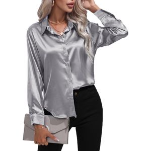 Damen Bluse Elegant Satin Langarm Business Oberteile Weiche Tunika Lässige Hemdbluse Silber grau,Größe:EU XL