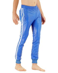 Bockle® BoyjogBlaue Lederhose Lederjeans  PUSH-STRAP Leder Jogginghose Echtleder Herren, XL