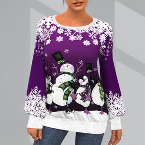 Damen Pullover Mit Rundhalsausschnitt Weihnachten Schneemann Print Pullover,Farbe:Violett,Größe:S