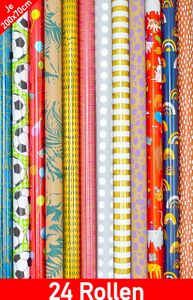 24 Rollen Geschenkpapier, Rolle 200 x 70 cm, Geburtstag, Ganzjahr, Bunt, Mix gemischt, Verpackung, Geschenkverpackung, Geburtstag, Feier, Papier