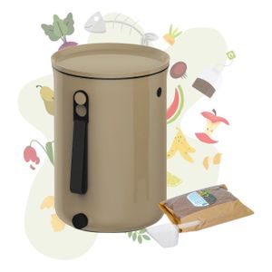Skaza Bokashi Organko 2 | Preisgekrönter Küchenkompostbehälter aus recyceltem Kunststoff | 9.6 L | Starter Set für Küchenabfälle und Kompostierung | mit EM Bestreuung 1 kg | Braun-Beige